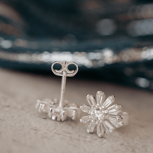 Sterling Silver CZ Flower Stud Earrings