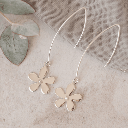 Sterling Silver Daisy on Long Hoop Earrings