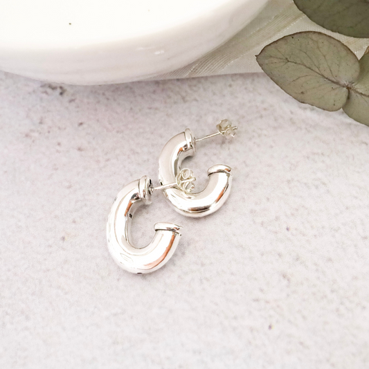 Sterling Silver Fat C Shape Hoop Stud Earrings - Stylish C shape design expertly crafted from pure sterling silver, adding a touch of luxurious sophistication to any outfit