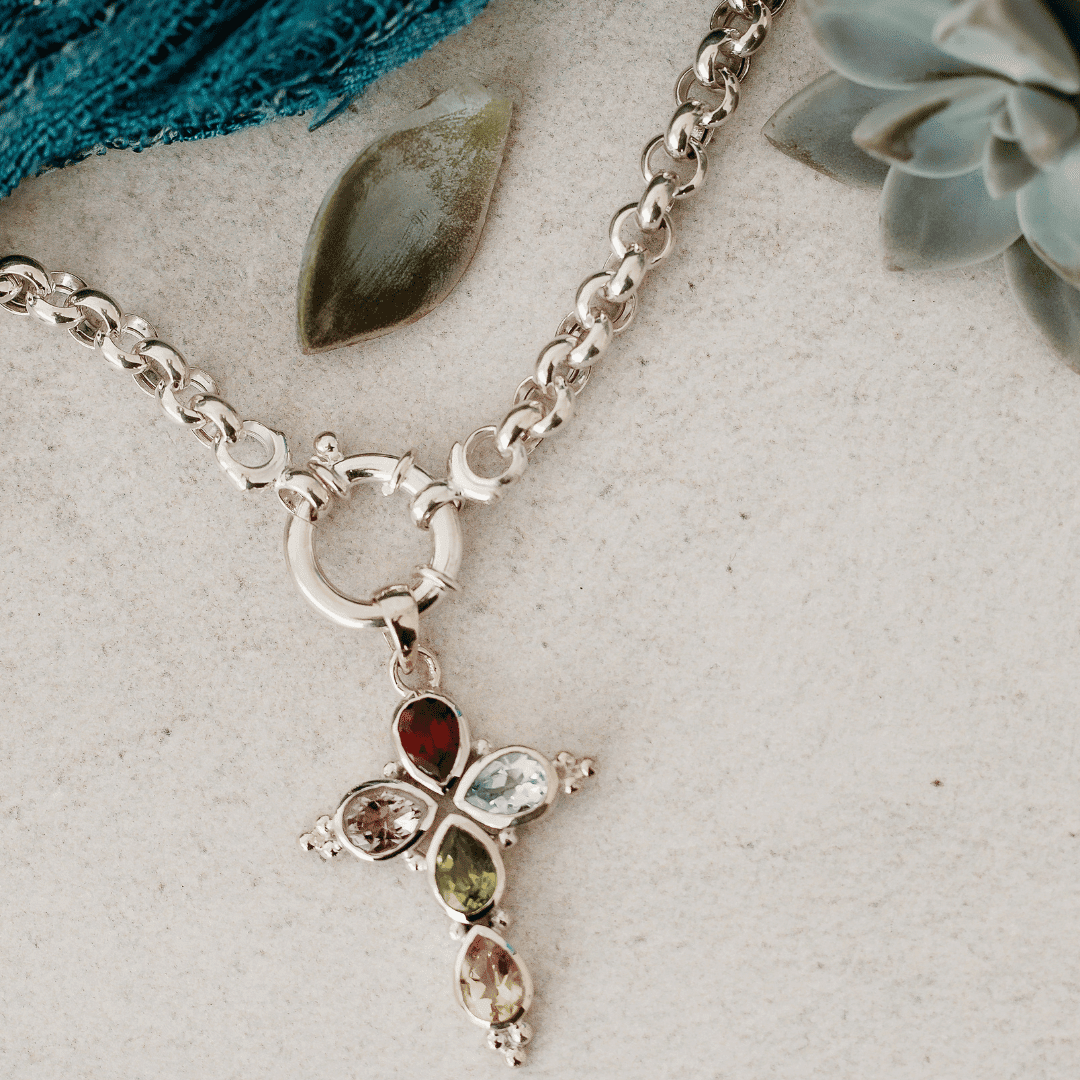 Sterling Silver Multicolour Semi-Precious Stone Cross Shape Pendant