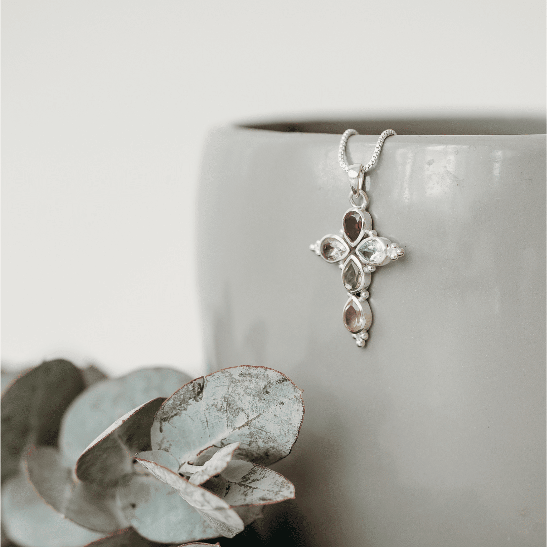 Sterling Silver Multicolour Semi-Precious Stone Cross Shape Pendant