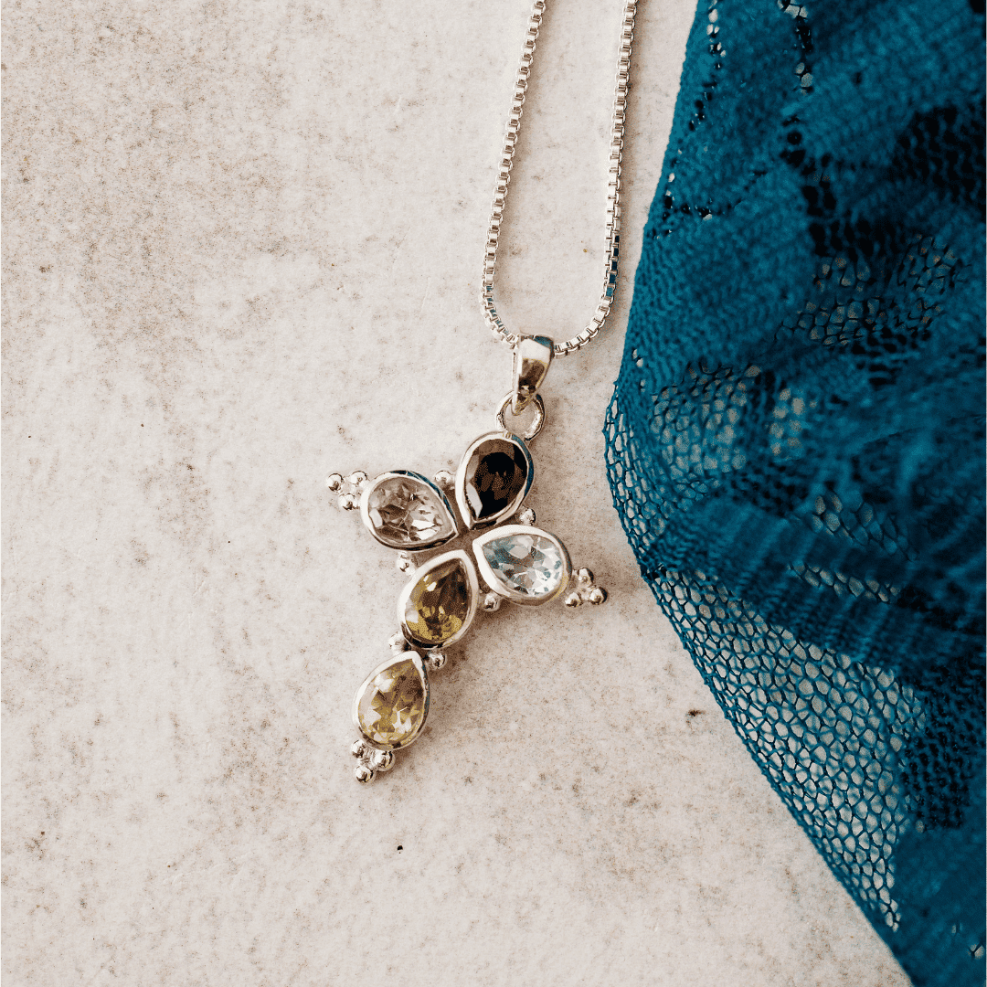 Sterling Silver Multicolour Semi-Precious Stone Cross Shape Pendant